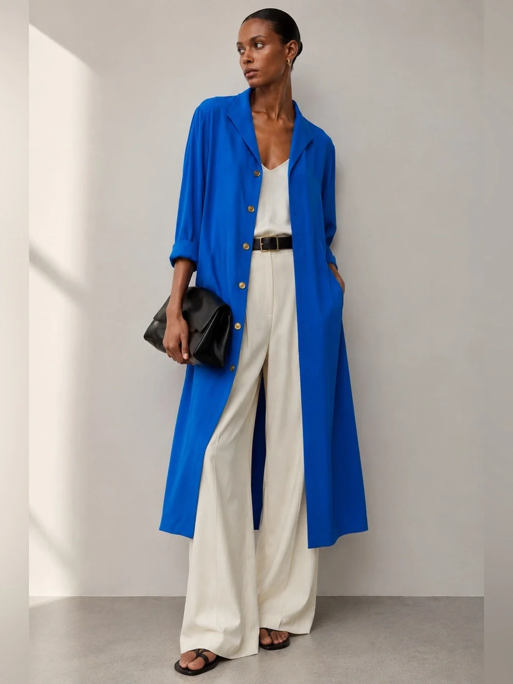 Vintage Blue Silk Gold Button Down Duster Brand YL By Yair Size 16
